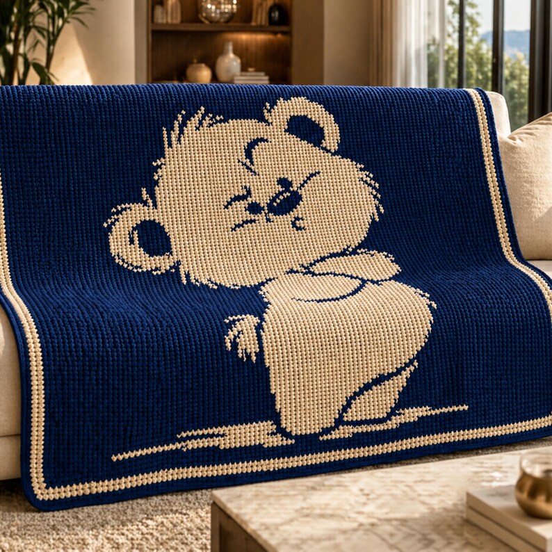 May include: A navy blue knitted throw blanket with a light tan bear design. The bear is smiling and has a bow tie. The blanket has a light tan border and is draped over a sofa. The blanket measures approximately 150 cm x 180 cm.