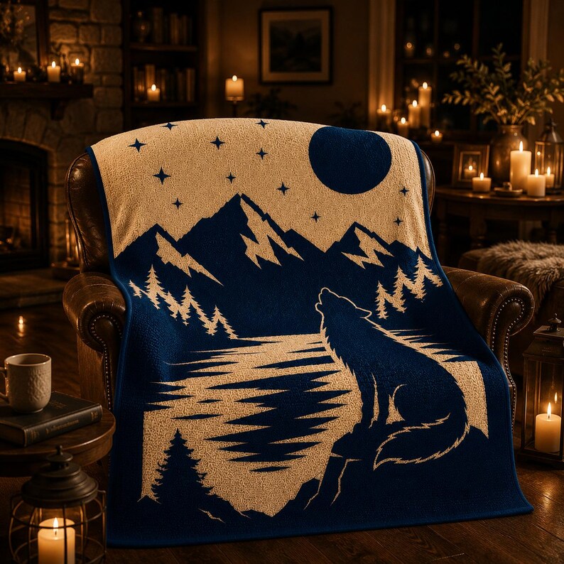 May include: A navy blue and cream-colored throw blanket featuring a woven graphic of a wolf howling at a full moon. The design includes a mountain range, a forest of pine trees, and a starry night sky, all rendered in a two-tone color scheme.
