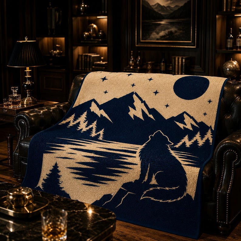 May include: A rectangular woven throw blanket featuring a dark blue and cream color scheme. The design depicts a wolf howling at a full moon above a mountain range, a forest of pine trees, and a lake. The blanket is draped over a leather sofa.