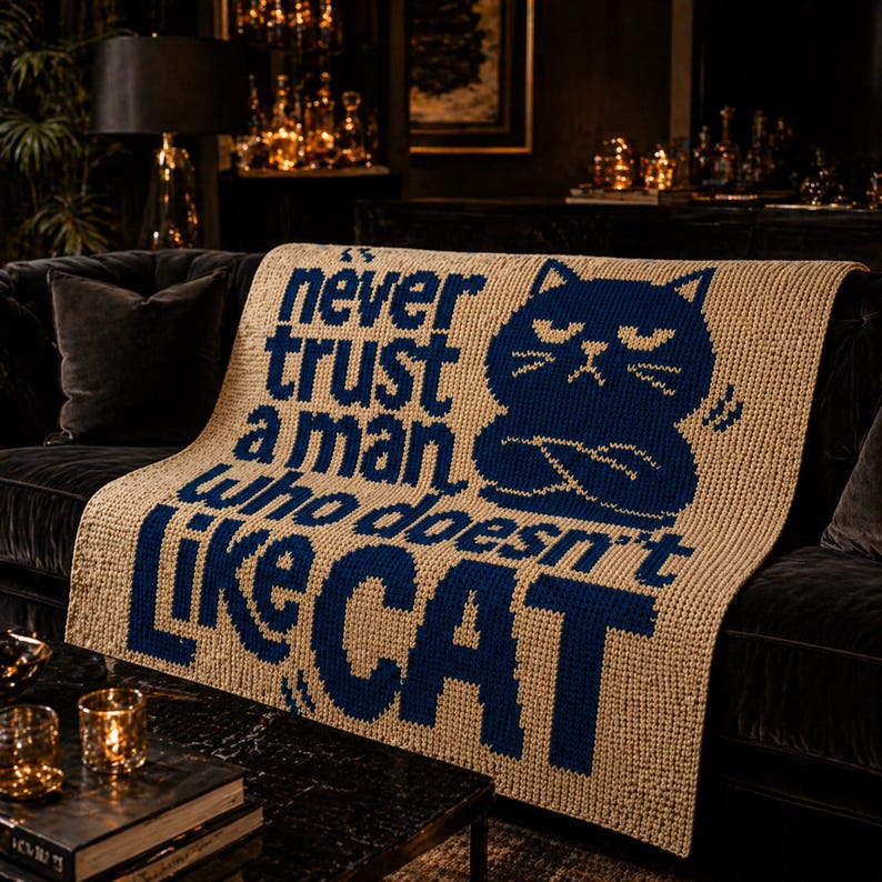 May include: Beige knitted throw blanket with the text "Never trust a man who doesn't like cat" in navy blue. A navy blue cat graphic is also featured on the blanket. The blanket is draped over a dark sofa.