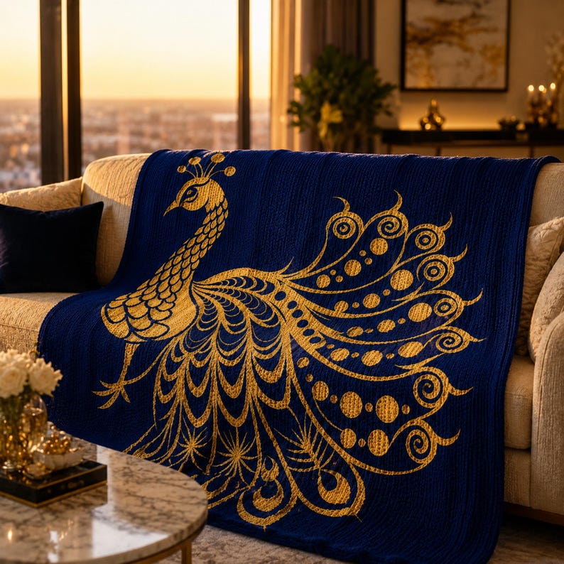 May include: A navy blue throw blanket featuring a gold peacock design. The peacock is depicted with intricate detailing, including a fanned tail and a crown. The blanket is draped over a beige sofa, creating a decorative accent.