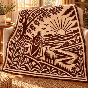 May include: A cream and dark brown knit blanket featuring a pastoral scene with a shepherd and a sheep. The design includes a large tree, a rising sun over rolling hills, a small village, and floral borders along the edges of the fabric.