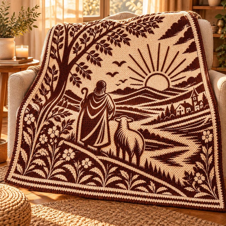 May include: A cream and dark brown knit blanket featuring a pastoral scene with a shepherd and a sheep. The design includes a large tree, a rising sun over rolling hills, a small village, and floral borders along the edges of the fabric.