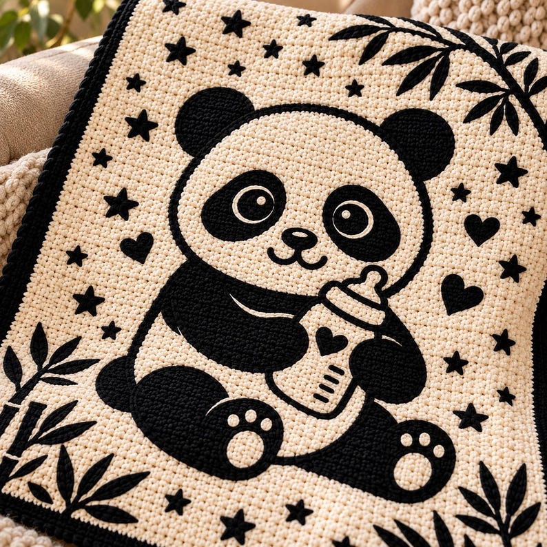 May include: A cream-colored crochet blanket featuring a large black and cream panda bear holding a baby bottle. The design includes black stars, hearts, and bamboo leaf patterns along the edges, finished with a solid black border.