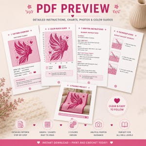 May include: A PDF preview of a crochet pattern with detailed instructions, charts, and photos. The pattern features a fairy mosaic blanket design in pink, with a color block guide, written instructions, and a technique guide. The text says "Instant Download - Print and Crochet Today!"