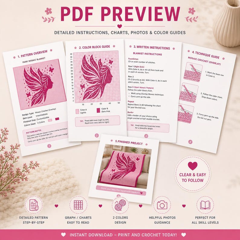 May include: A PDF preview of a crochet pattern with detailed instructions, charts, and photos. The pattern features a fairy mosaic blanket design in pink, with a color block guide, written instructions, and a technique guide. The text says "Instant Download - Print and Crochet Today!"