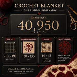 May include: A detailed graphic showing crochet blanket sizing and stitch information. The text includes the stitch count of 40,950 stitches, grid size, finished blanket size of 150 x 150 cm, and gauge. The design features a heart tree made of love stitches.