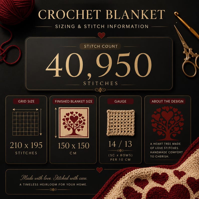 May include: A detailed graphic showing crochet blanket sizing and stitch information. The text includes the stitch count of 40,950 stitches, grid size, finished blanket size of 150 x 150 cm, and gauge. The design features a heart tree made of love stitches.