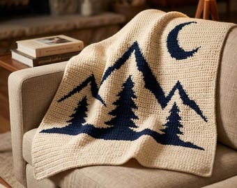 Mountain Scene Mosaic Crochet Blanket Pattern PDF | Pine Tree Afghan Overlay Mosaic Design | Nature Inspired Cabin Decor Throw Pattern
