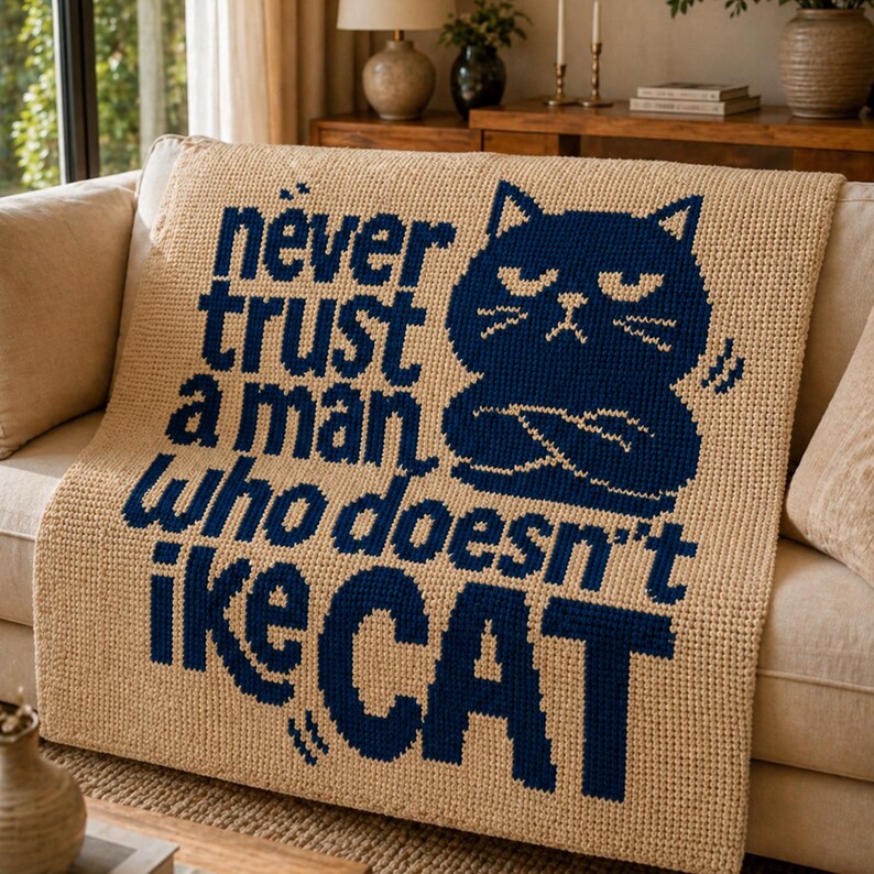 May include: Beige crocheted throw blanket with navy blue text and a cat graphic. The text reads "never trust a man who doesn't like CAT". The cat graphic has crossed arms and a grumpy expression. The blanket is draped over a beige sofa.