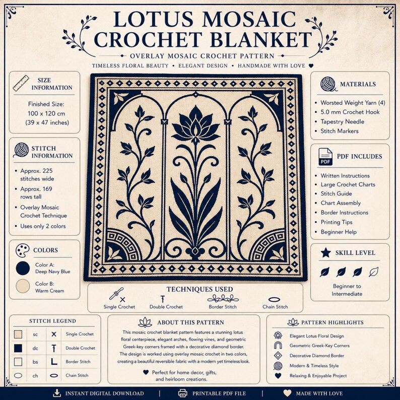May include: Digital crochet pattern for a Lotus Mosaic blanket. The design features a lotus floral centerpiece, elegant arches, and geometric borders. Finished size is 100 x 120 cm. The pattern uses two colours and is suitable for intermediate skill levels.