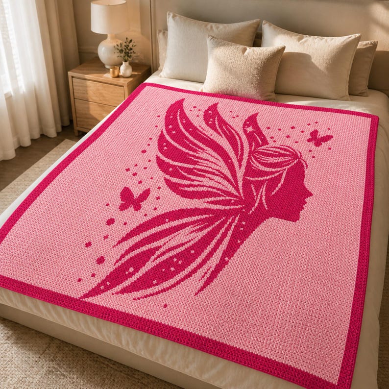 May include: A pink and fuchsia crochet blanket featuring a fairy silhouette with butterfly accents. The blanket has a solid pink center with a fuchsia border. The fairy design includes wings and a profile of a woman's face.