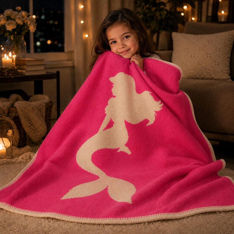 May include: A bright pink blanket featuring a white silhouette of a mermaid. The blanket has a white border and is draped over a person. The background includes a couch, candles, and a window.