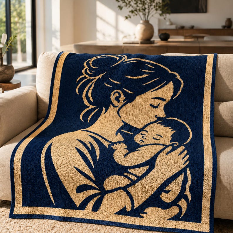 May include: A navy blue and tan throw blanket featuring an illustration of a mother kissing a baby. The blanket is draped over a beige sofa. The illustration is in tan, with a navy blue background and border.