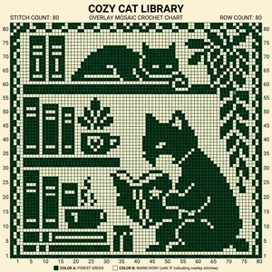 May include: A forest green and warm ivory overlay mosaic crochet chart titled COZY CAT LIBRARY. The grid pattern features cats, bookshelves, and potted plants with a stitch count of 80 and a row count of 80. Color A is forest green and Color B is warm ivory.