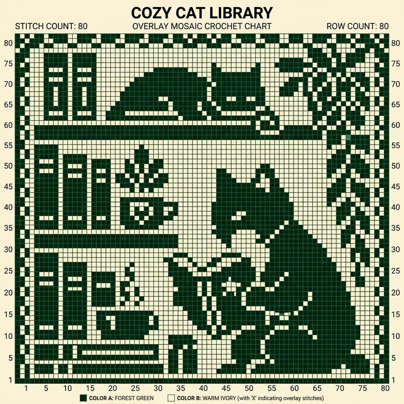 May include: A forest green and warm ivory overlay mosaic crochet chart titled COZY CAT LIBRARY. The grid pattern features cats, bookshelves, and potted plants with a stitch count of 80 and a row count of 80. Color A is forest green and Color B is warm ivory.
