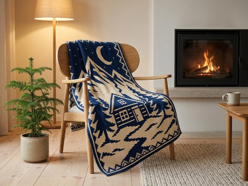 May include: A navy blue and cream knit throw blanket featuring a repeating pattern of a cabin, pine trees, mountains, and a crescent moon. The blanket is draped over a light-colored wooden chair, showcasing a detailed winter-themed graphic design.