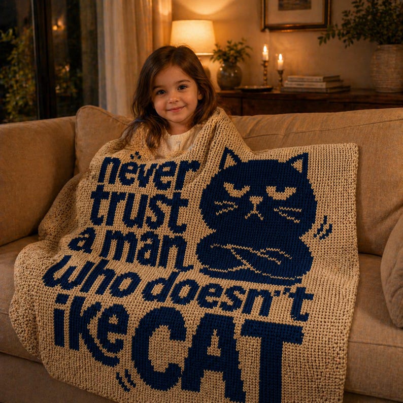May include: A beige knitted blanket with the text "never trust a man who doesn't like CAT" in navy blue, along with a navy blue cat graphic. The blanket is draped over a person sitting on a beige sofa.