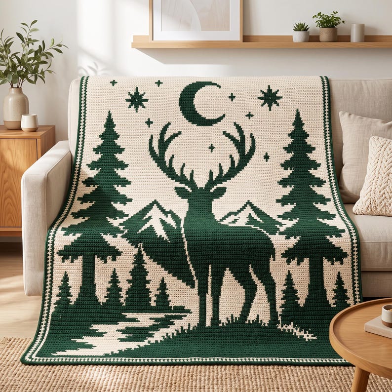 Peut inclure: Une couverture en crochet rectangulaire pr&eacute;sentant un motif vert fonc&eacute; et cr&egrave;me. Le design affiche la silhouette centrale d'un cerf devant des montagnes, encadr&eacute; par de grands pins, avec un croissant de lune et des &eacute;toiles au-dessus.