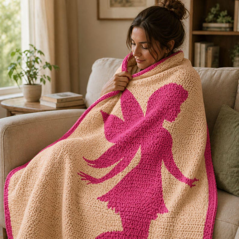 May include: A beige and pink crochet blanket featuring a fairy silhouette. The blanket has a pink border and a large fairy design in the center. The fairy has outstretched arms and wings. The blanket is draped over a person sitting on a couch.