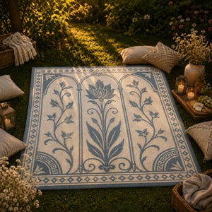 May include: A rectangular outdoor rug with a blue and cream floral design. The rug features a central floral motif and a border with geometric patterns. The rug is placed on green grass, surrounded by pillows, baskets, and candles.