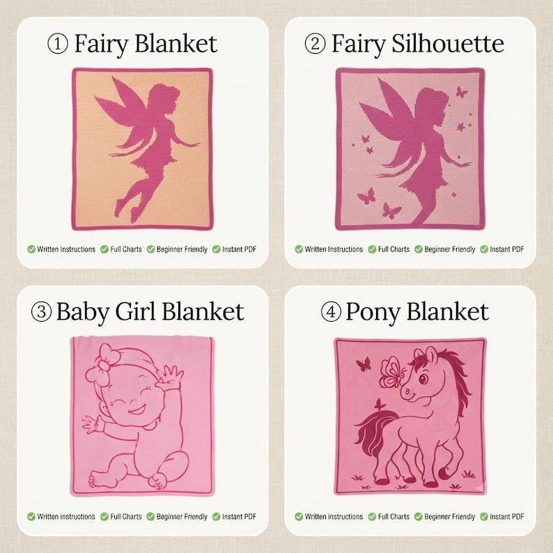 May include: Four square blanket designs labeled 1 Fairy Blanket, 2 Fairy Silhouette, 3 Baby Girl Blanket, and 4 Pony Blanket. Each design features pink or peach tones with graphic illustrations of a fairy, baby, or pony, including written instructions.