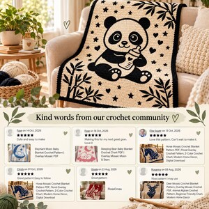 May include: A cream-colored crochet blanket featuring a black panda graphic holding a baby bottle, surrounded by stars, hearts, and bamboo stalks. The blanket has a solid black border and is draped over a chair with yarn nearby.