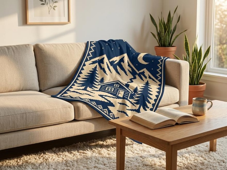May include: A navy blue and cream-colored knit throw blanket featuring a repeating pattern of a cabin, pine trees, mountains, and a crescent moon. The blanket is draped over a beige sofa, showcasing a detailed landscape design with a border.