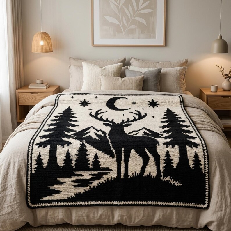 Peut inclure: Un plaid rectangulaire pr&eacute;sentant un motif tricot&eacute; contrast&eacute; en noir et cr&egrave;me. Le design repr&eacute;sente la silhouette centrale d'un cerf devant une cha&icirc;ne de montagnes, entour&eacute; de sapins, d'un croissant de lune et de plusieurs &eacute;toiles.