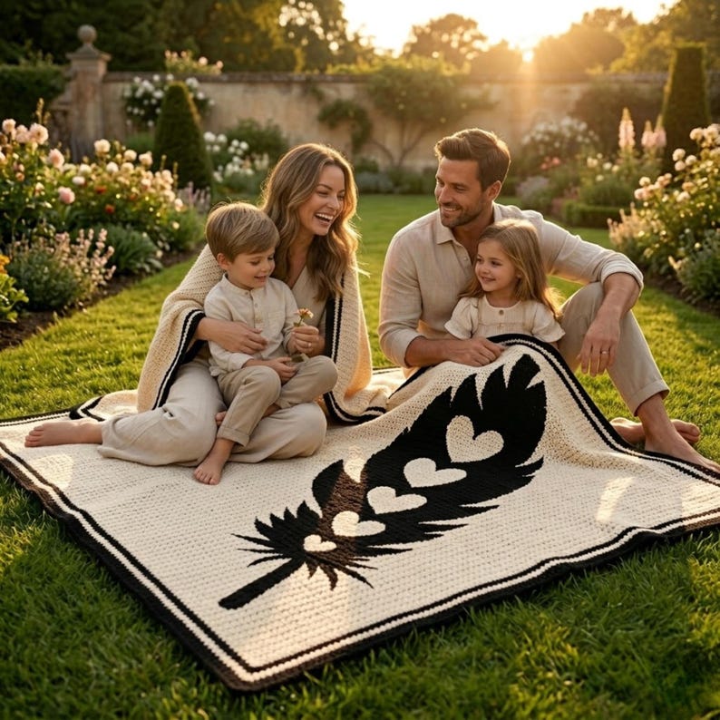 May include: A family is seated on a cream blanket featuring a black feather design with heart motifs. The blanket has a black and brown border. They are on a lawn, surrounded by flowers and trees in a garden setting.