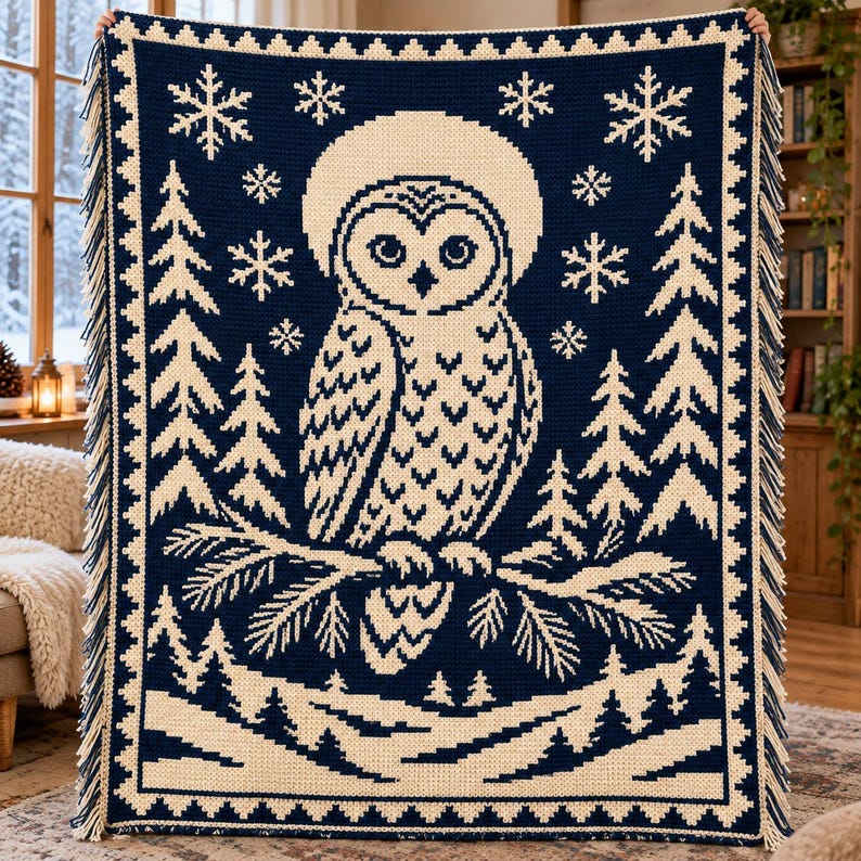 May include: A rectangular navy blue and cream crochet blanket featuring a central owl perched on a pine branch. The design includes surrounding pine trees, falling snowflakes, and a decorative border with fringe on the left and right sides.