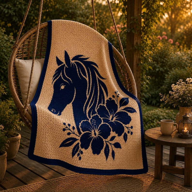 May include: A tan throw blanket with a navy blue horse head and floral design. The blanket has a navy blue border and is draped over a wicker chair. The blanket is made of a soft, textured material.