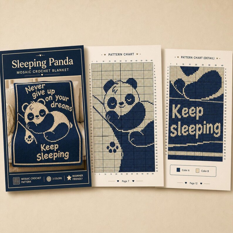 May include: A navy blue mosaic crochet blanket pattern featuring a sleeping panda design, alongside pattern charts. The blanket design includes the text "Never give up on your dreams" and "Keep Sleeping". The pattern is beginner-friendly and uses two colours.