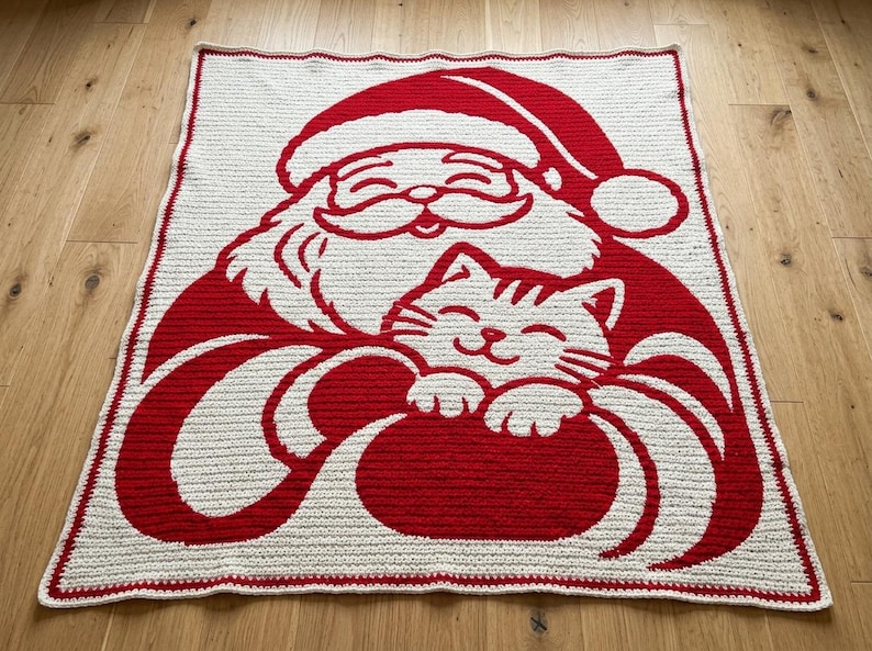 Santa Crochet Blanket Pattern, Christmas Cat Mosaic PDF image 1