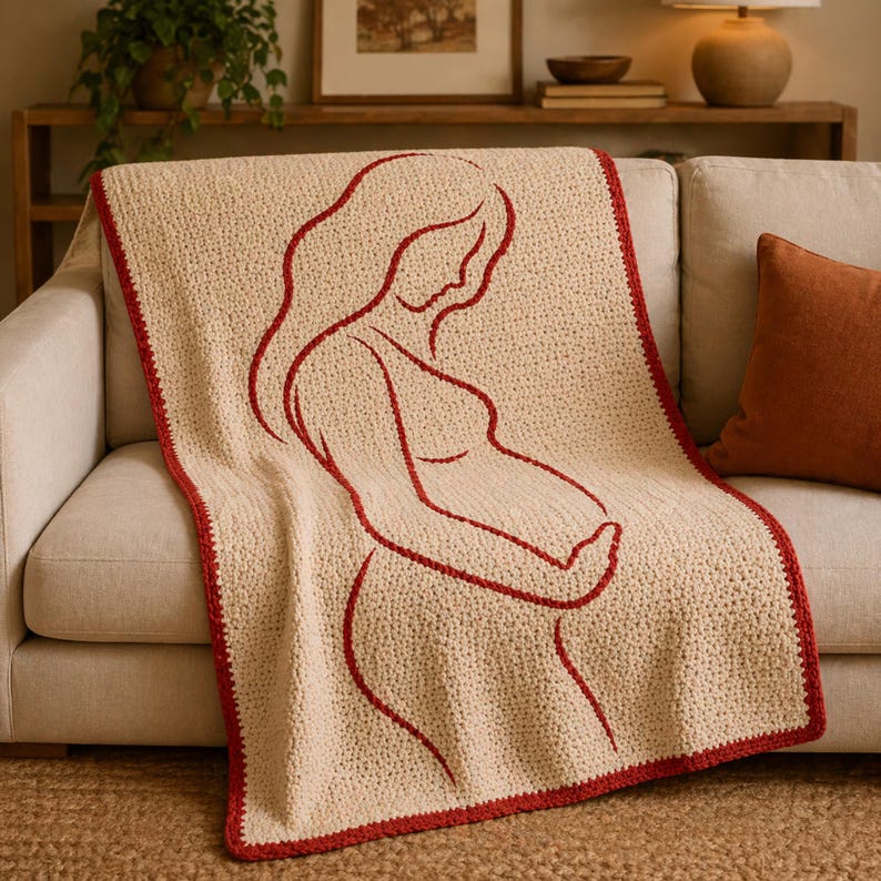 Mönster för virkad filt i mosaik för moderskap, silhuett av gravid kvinna, babyshower-present till blivande mamma, modern DIY-barnrumsdekoration PDF bild 1