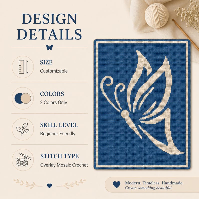 May include: A blue and white mosaic crochet butterfly design. The image includes text that says "Design Details", "Size Customizable", "Colors 2 Colors Only", "Skill Level Beginner Friendly", and "Stitch Type Overlay Mosaic Crochet".