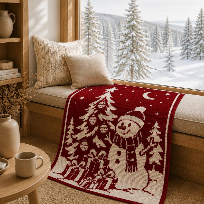 May include: A rectangular knit throw blanket featuring a deep red background with a cream-colored pattern of a snowman, a decorated Christmas tree, wrapped gifts, stars, and a crescent moon, displayed on a window seat with two beige pillows.