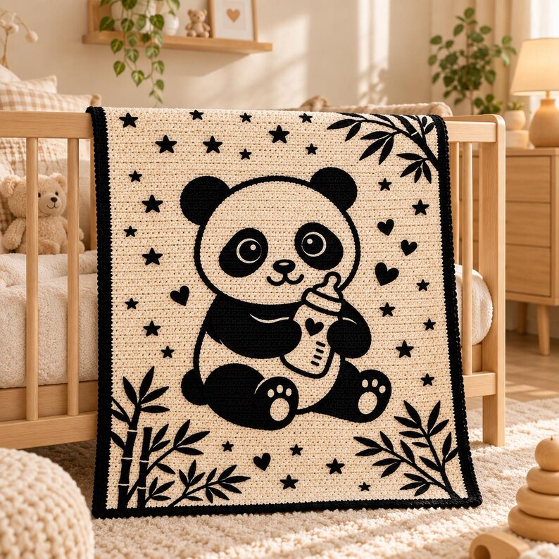 May include: A rectangular crochet blanket featuring a cream-colored background with a black panda bear graphic holding a baby bottle. The design includes black stars, hearts, and bamboo stalks, all framed by a solid black crocheted border.