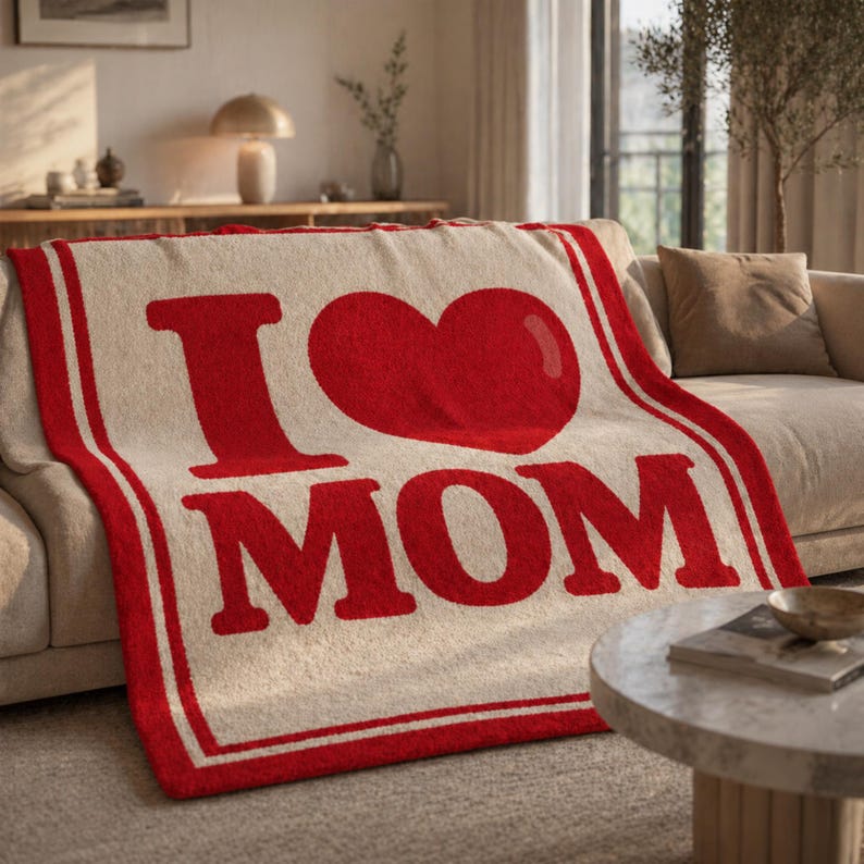 May include: A beige throw blanket with the words "I ❤️ MOM" in large red letters. The blanket has a red border with white stripes and is draped over a sofa. The blanket is made of a soft, textured material.