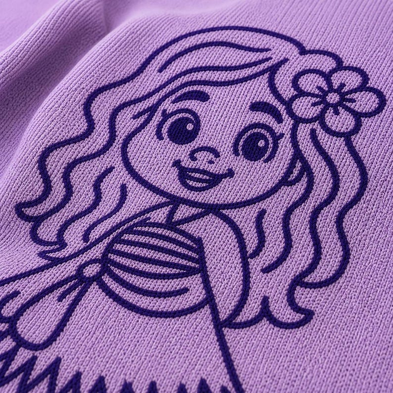 May include: A close-up of a lilac-colored fabric with a detailed embroidered design of a cartoon mermaid. The mermaid has long wavy hair, a flower in her hair, and a smiling expression. The design is in a darker shade of purple.