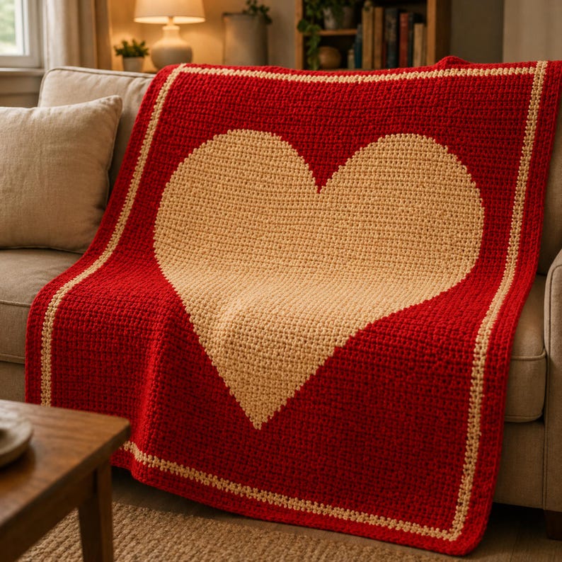 May include: A red crocheted blanket featuring a large beige heart design. The blanket is draped over a sofa and has a beige border. The blanket is made of a soft, textured yarn.