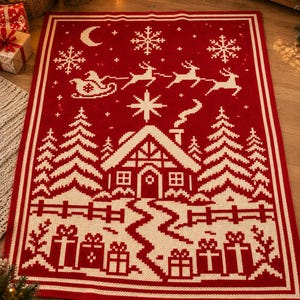 May include: A rectangular knit throw blanket featuring a red and cream holiday pattern. The design displays a winter scene with a cabin, pine trees, a fence, wrapped gifts, a crescent moon, snowflakes, and a sleigh pulled by three reindeer.