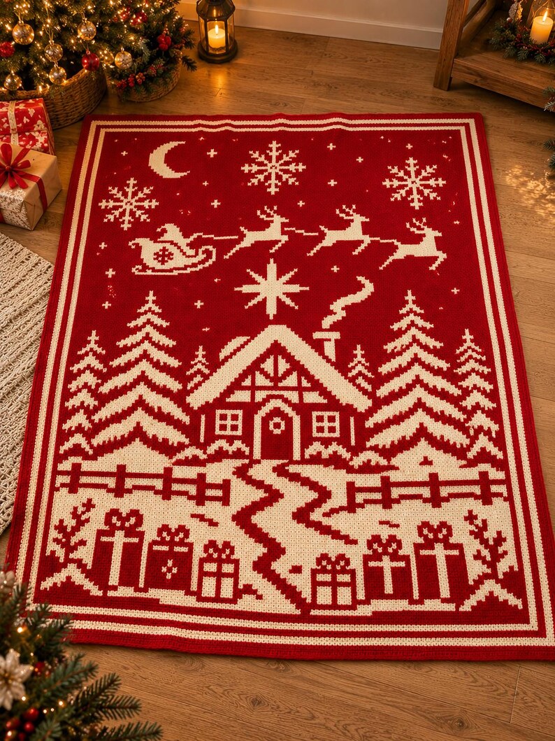 May include: A rectangular knit throw blanket featuring a red and cream holiday pattern. The design displays a winter scene with a cabin, pine trees, a fence, wrapped gifts, a crescent moon, snowflakes, and a sleigh pulled by three reindeer.