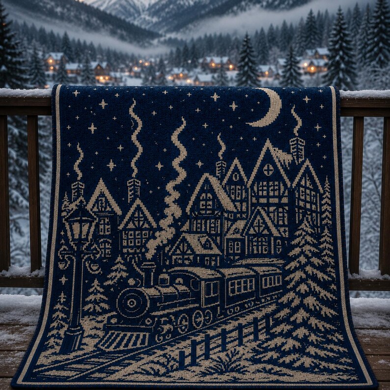 May include: A dark blue and cream knit blanket featuring a detailed winter scene with a steam locomotive, a row of houses with smoking chimneys, a tall street lamp, pine trees, a crescent moon, and a starry night sky pattern.
