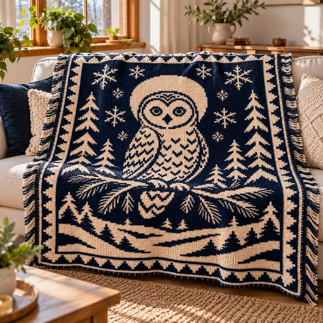 Owl overlay mosaic crochet blanket pattern with snowy winter scene