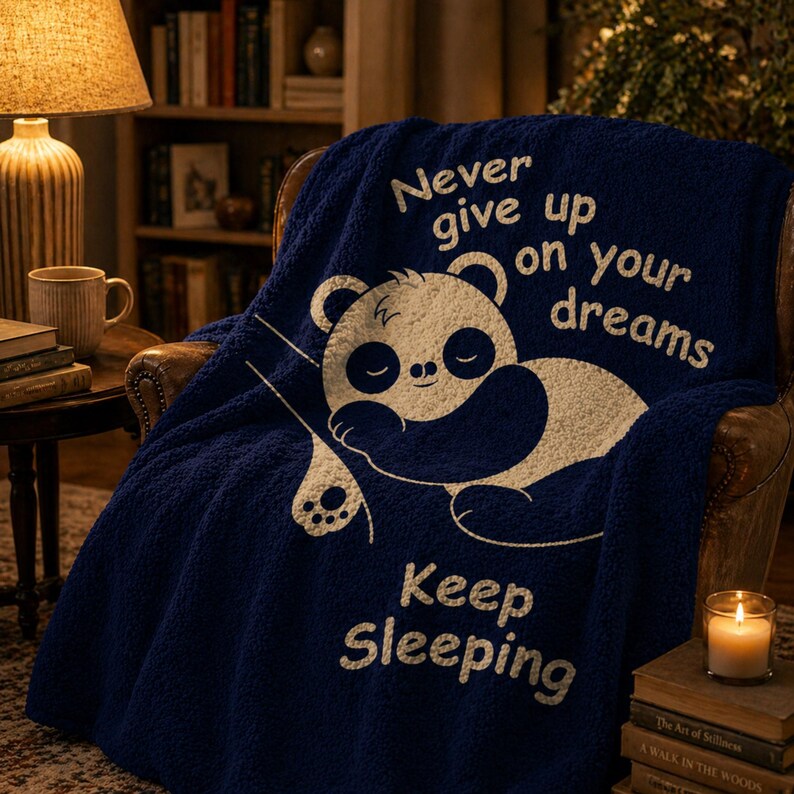 May include: A navy blue sherpa blanket featuring a sleeping panda illustration and the text "Never give up on your dreams, Keep Sleeping." The blanket is displayed on a brown leather armchair, creating a cosy and inviting atmosphere.