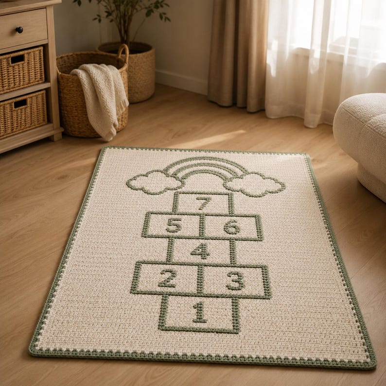 May include: An off-white rectangular rug featuring a green hopscotch design. The numbers and outline are green, with a green rainbow and clouds at the top. The rug has a green border and is placed on a wooden floor.