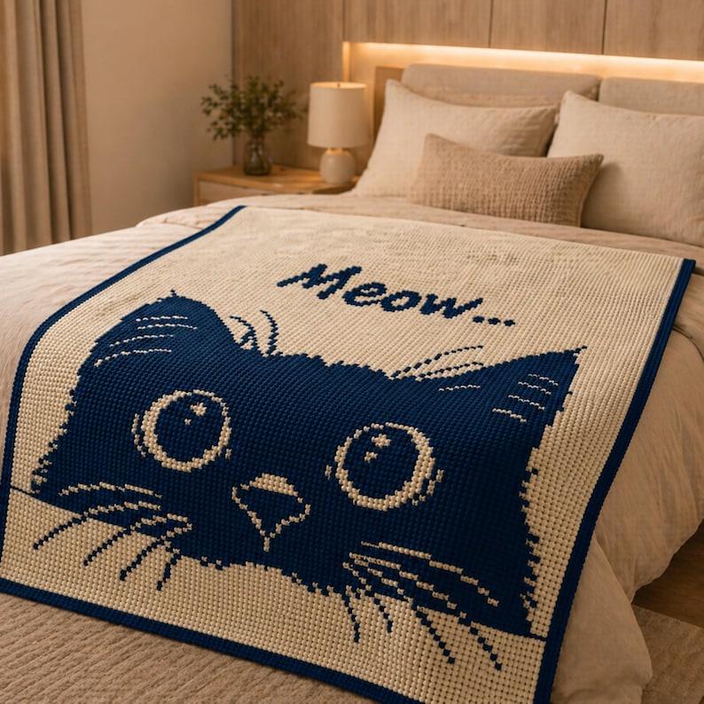 May include: A cream-colored blanket with a large blue cat face design and the word "Meow..." in black. The cat's eyes and whiskers are white. The blanket is on a bed with neutral-toned bedding.