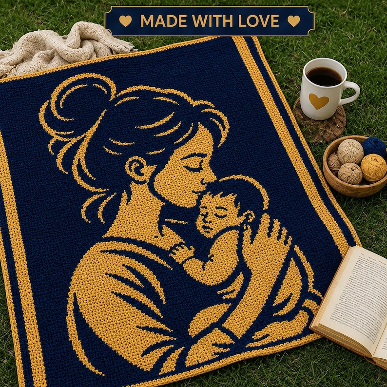 May include: A navy blue and gold crochet blanket featuring a mother and child design. The blanket has a gold border and the words "MADE WITH LOVE" are displayed at the top. A cup of coffee, yarn, and a book are also in the image.
