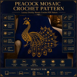 May include: A navy blue crochet pattern for a peacock mosaic blanket. The pattern includes charts, written instructions, and beginner support. The design features a gold peacock on a dark blue background. The pattern is perfect for blankets, afghans, and wall hangings.